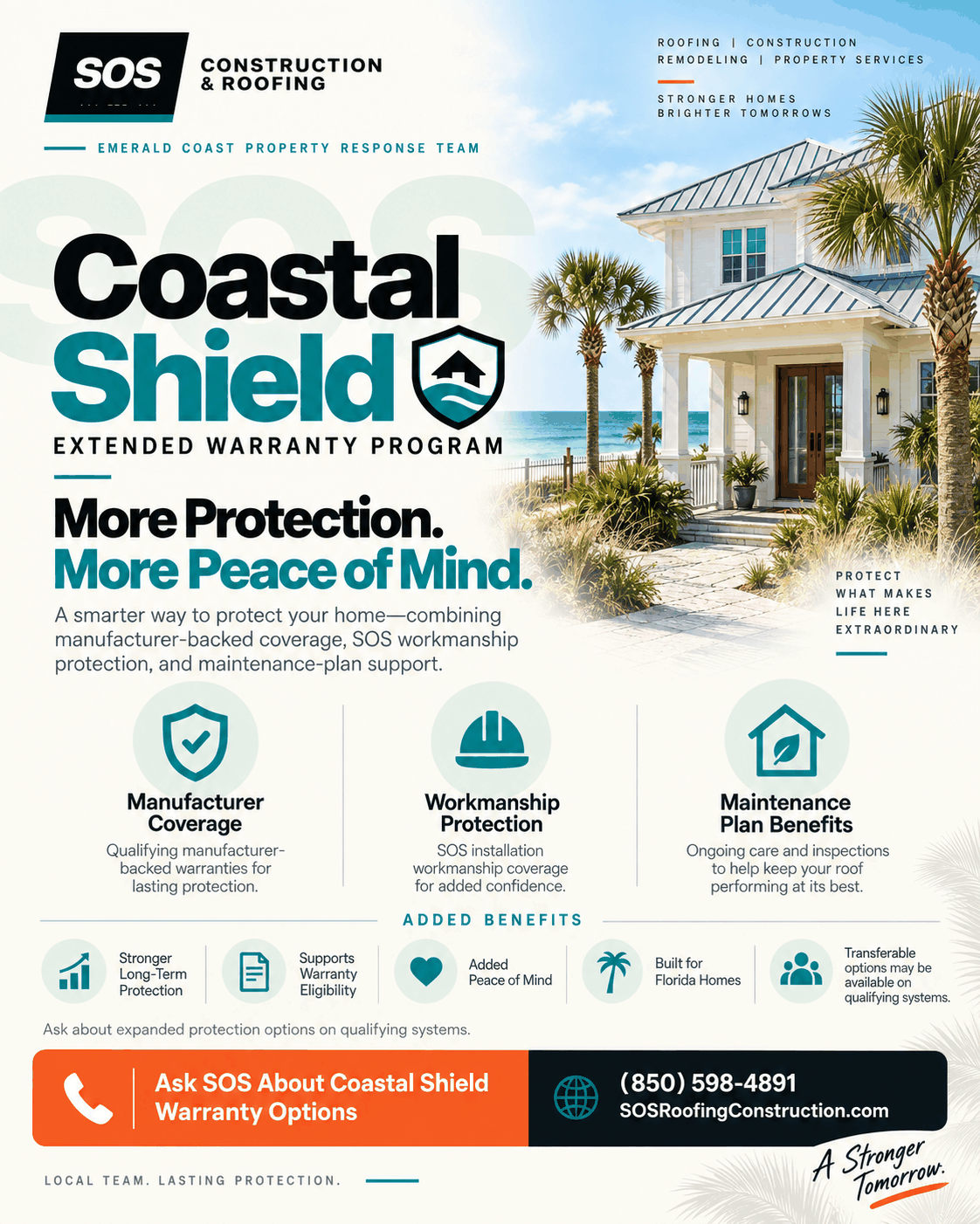 The Coastal Shield protection overview flyer from SOS Construction and Roofing