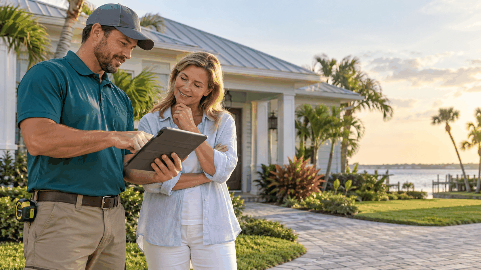 Roofing professional reviewing a project plan with a homeowner
