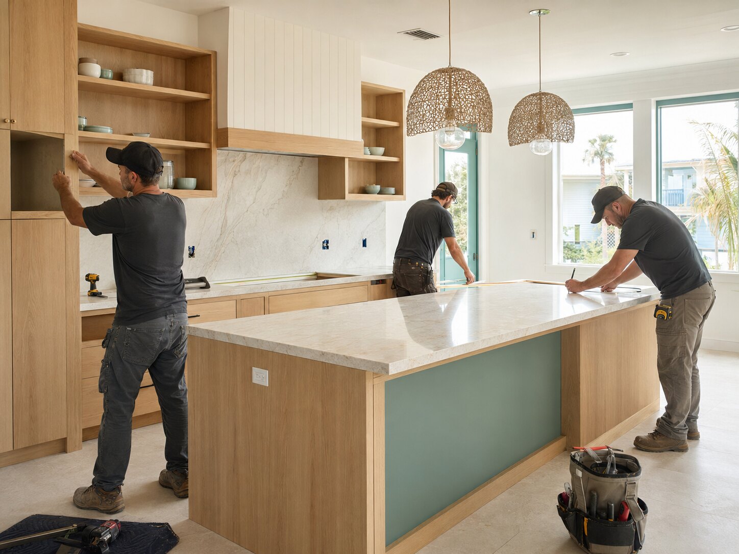 Professional team renovating a bright coastal kitchen