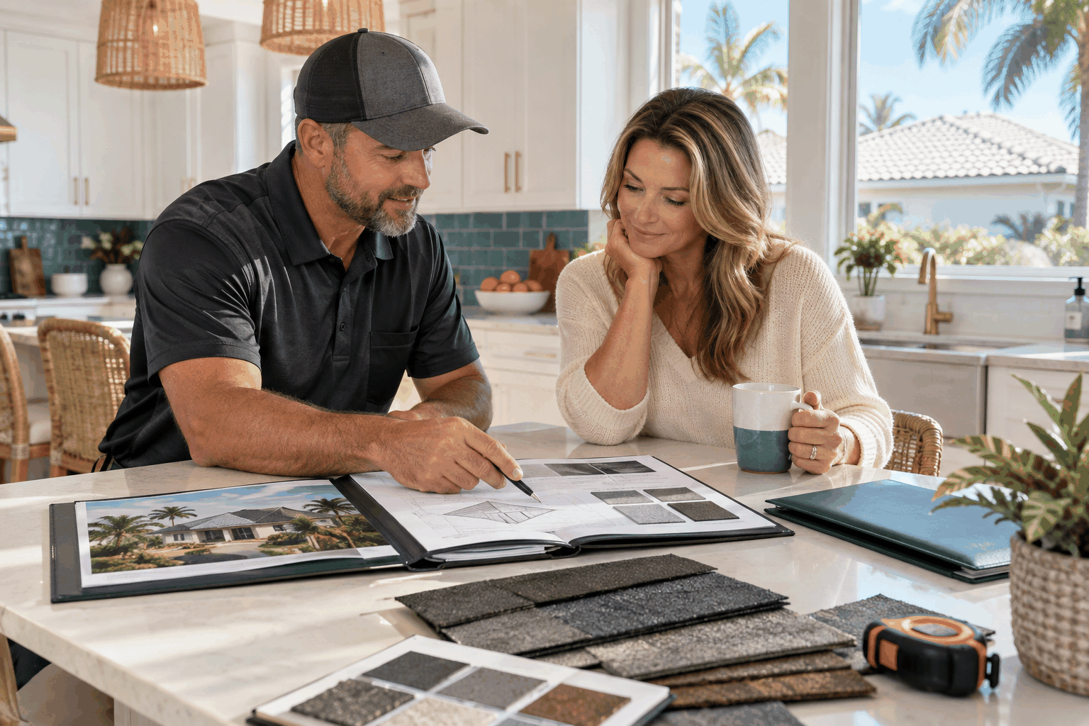 Roofing professional explaining a documented roof system to a Northwest Florida homeowner
