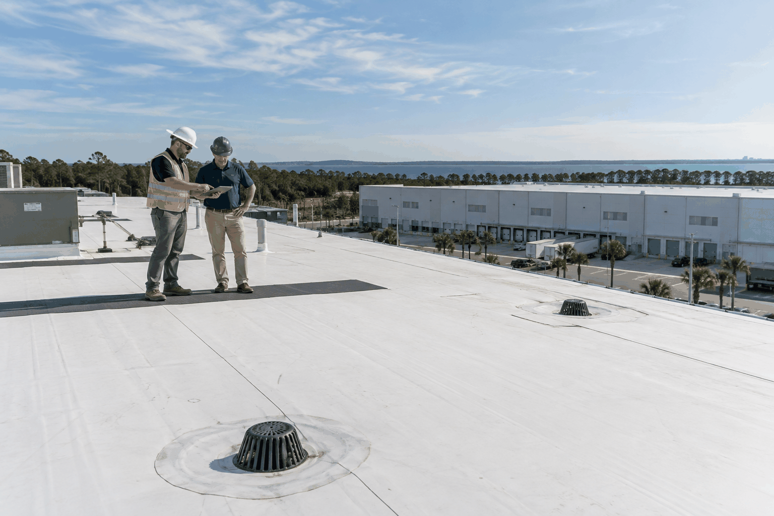 Facilities manager and commercial roofing professional reviewing a TPO roof