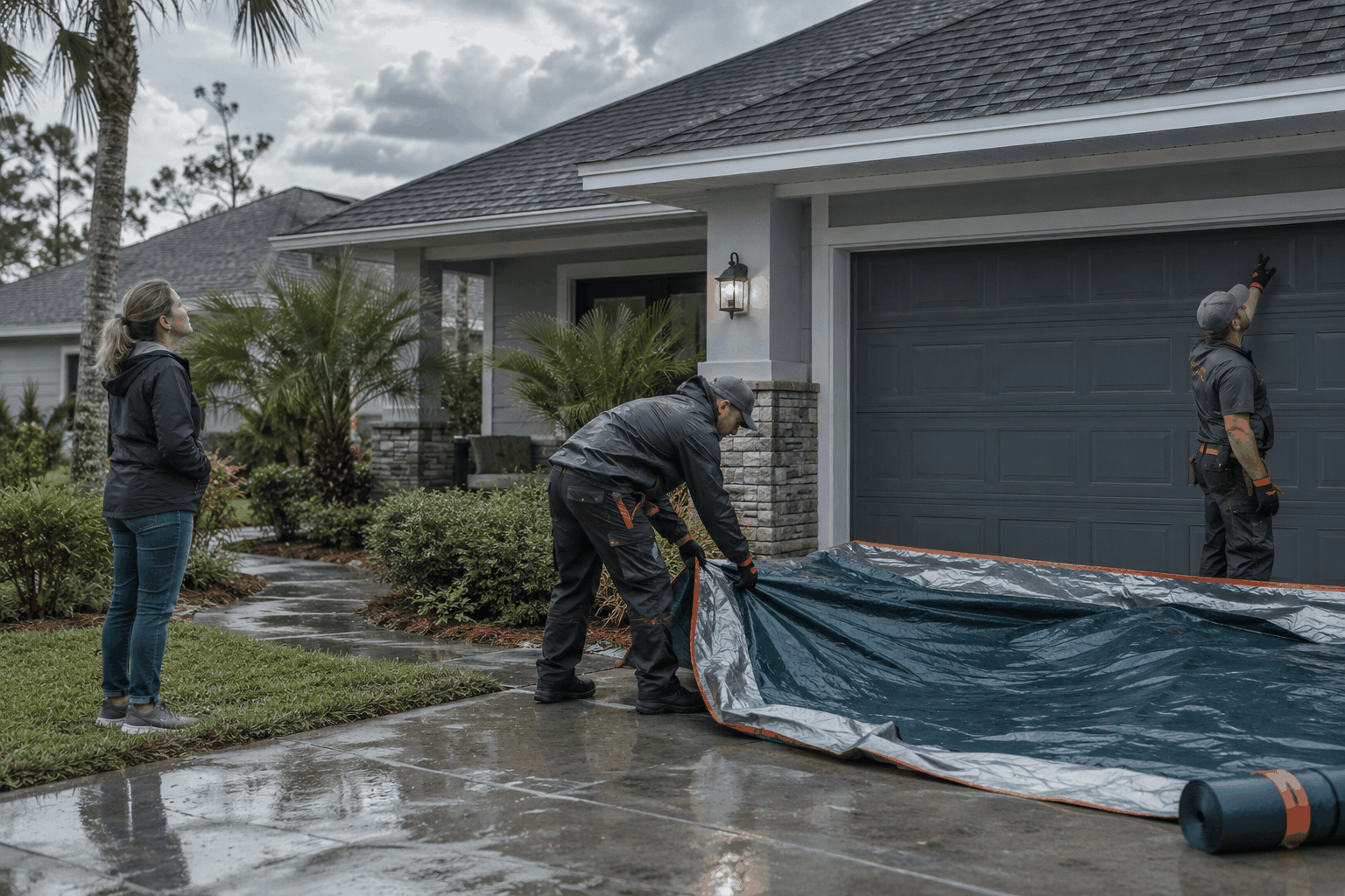 Roof response team protecting a Northwest Florida home after rain