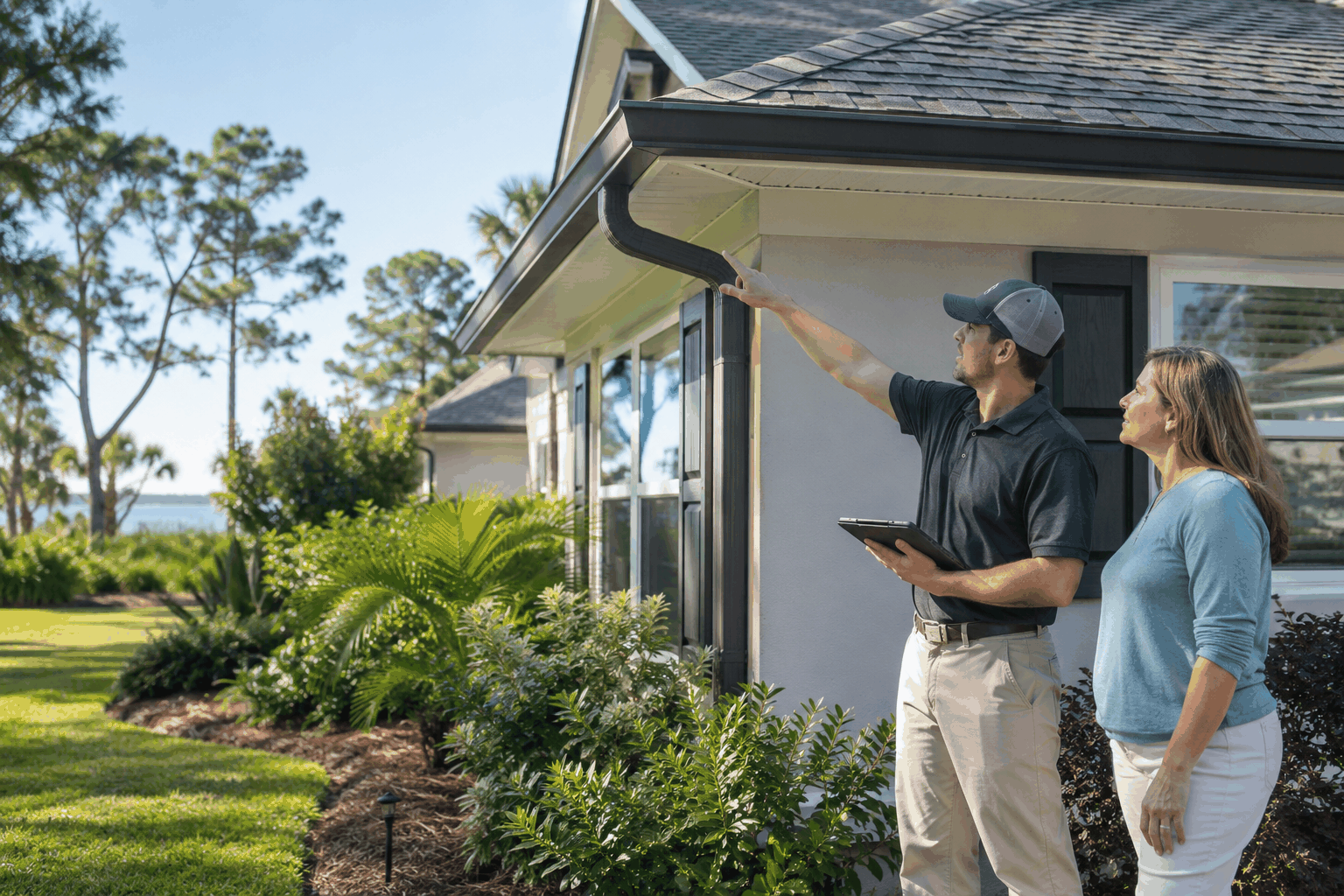 Homeowner receiving a roof and drainage maintenance review in coastal Florida