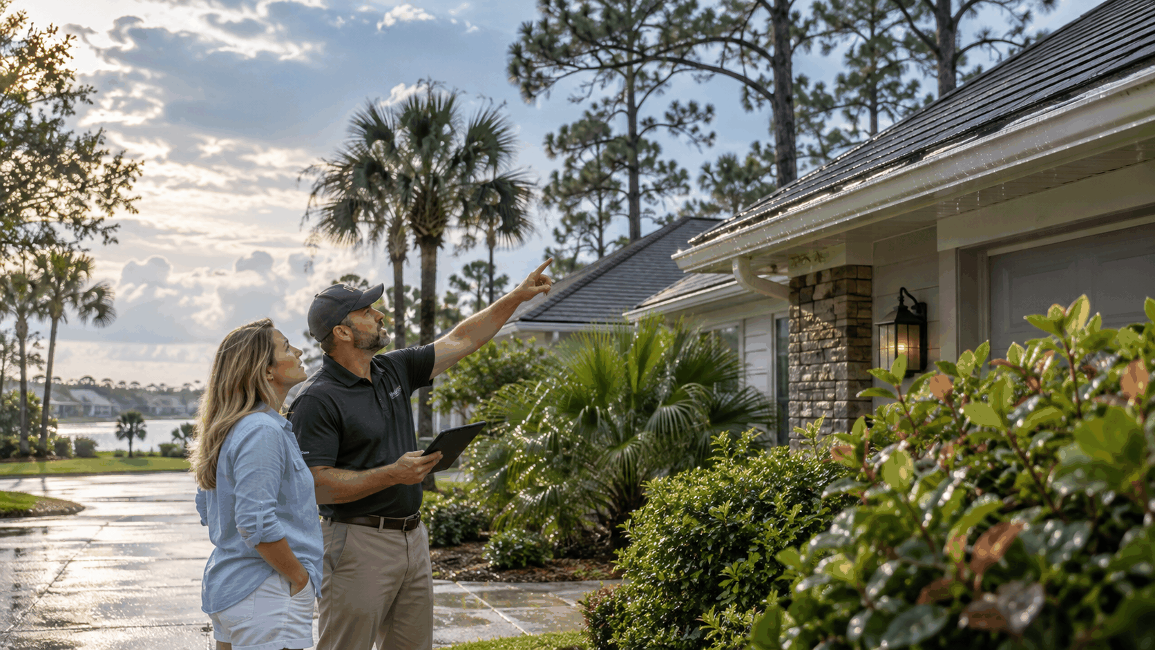 Roofing professional reviewing roof condition with a Florida homeowner