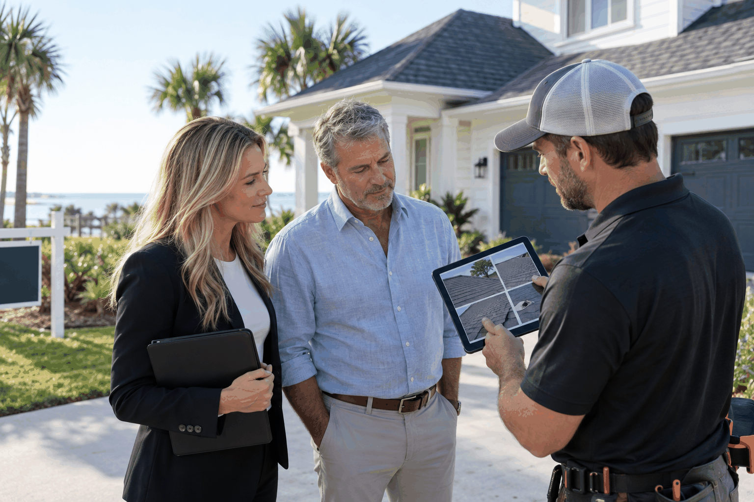 Homeowner, real-estate professional and roofer reviewing a roof record before a sale