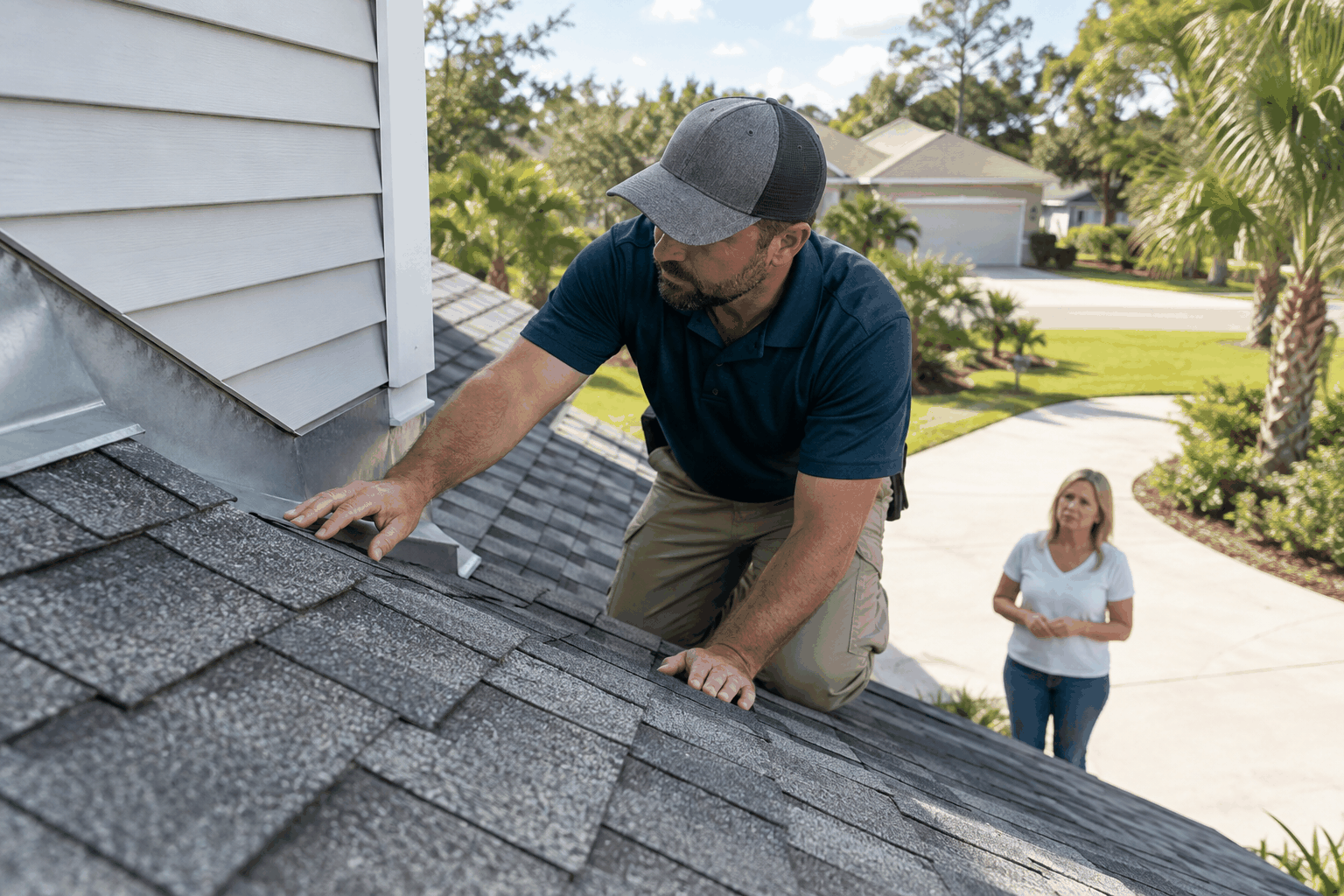 Roofing professional documenting visible roof and gutter conditions at a Florida home